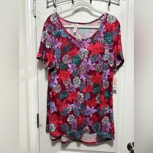 LuLaRoe Classic‎ Tee 2XL Pink Purple Floral Womens high low hem Plus Size Top